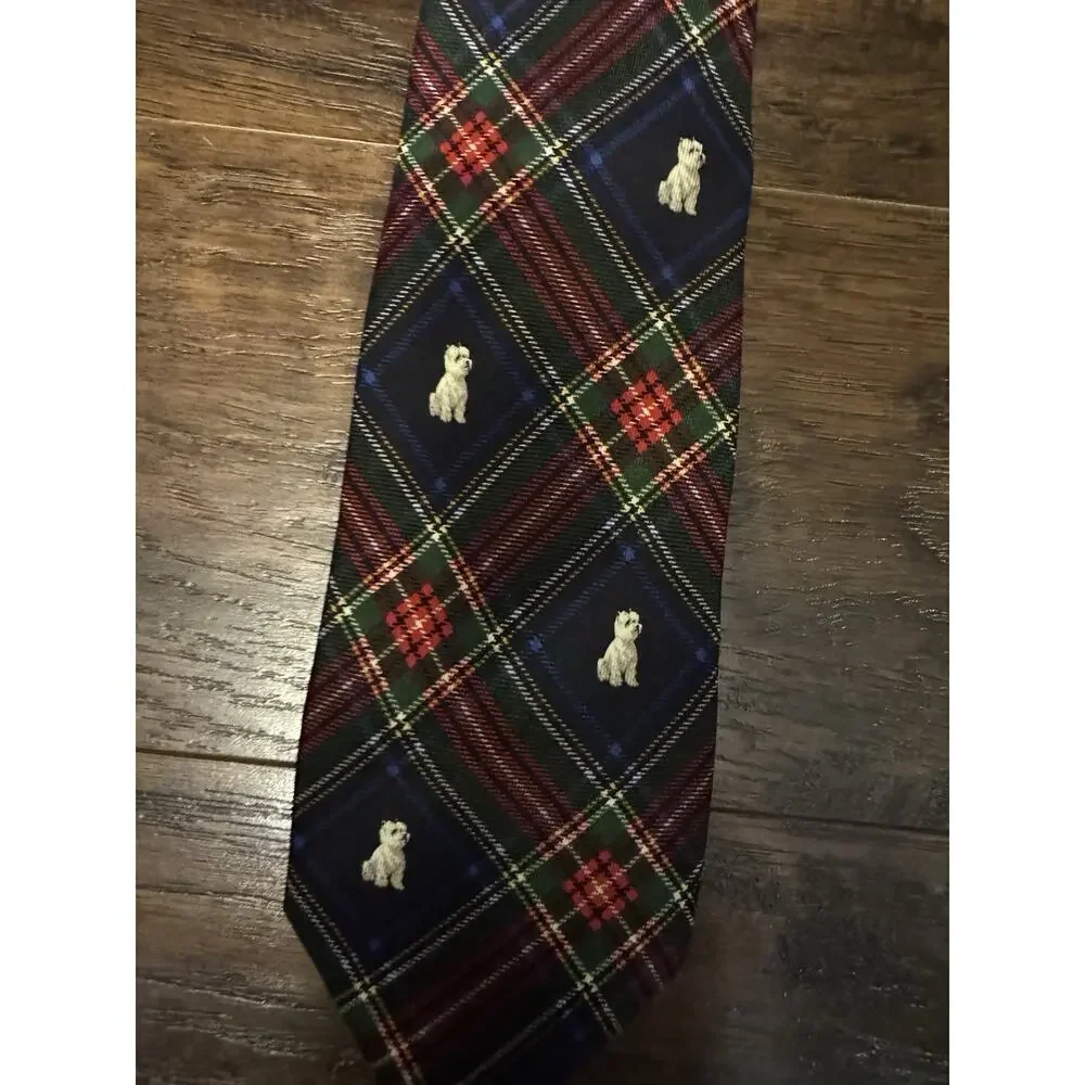Lauren Ralph Lauren Tie Mens Red Green Plaid Scottie Dog Silk Hand Made Preppy